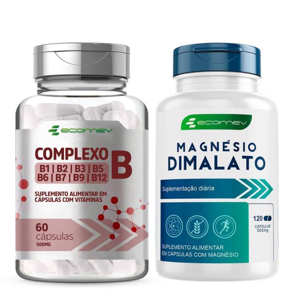 Imagem de Kit Complexo B Forma Ativa Com Biotina + Magnesio Dimalato Puro 500Mg 180Cáps Ecomev 