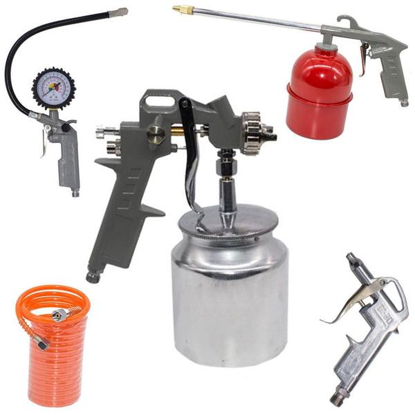 Imagem de Kit Compressor 5 Peças Pistolas manometro mangueira