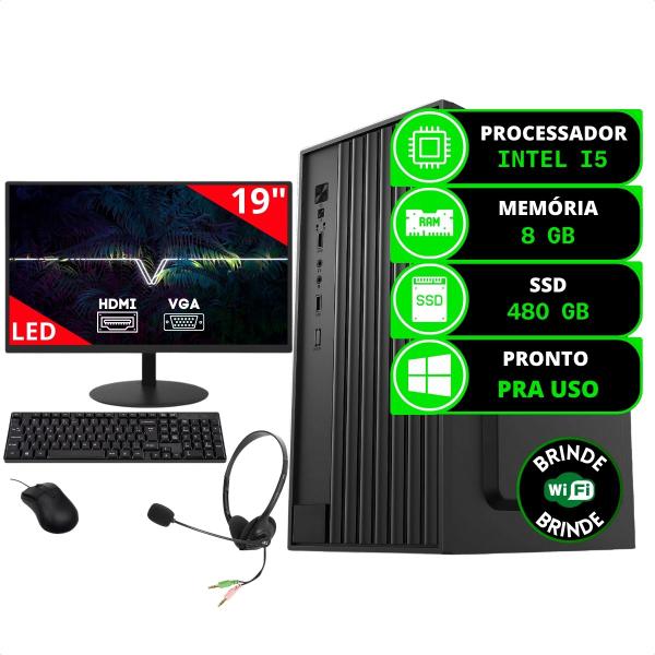 Imagem de Kit Computador Completo Intel I5 8gb Ssd 480gb Combo Monitor e Headset