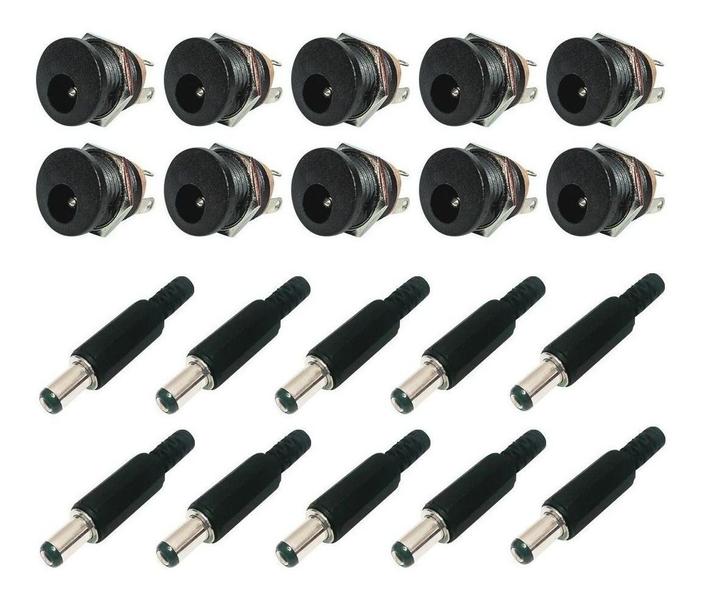 Imagem de Kit Conectores Jack J4 Femea DC-022 Painel Rosca e Plug Conector P4 Macho 2.1X5.5MM Fio - 20 Peças