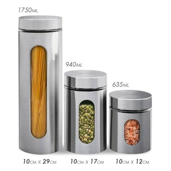 Imagem de Kit Conjunto 3 Potes Com Tampa Rosca Para Mantimentos em Vidro E Aço Inox 635ml, 940ml e 1.750ml