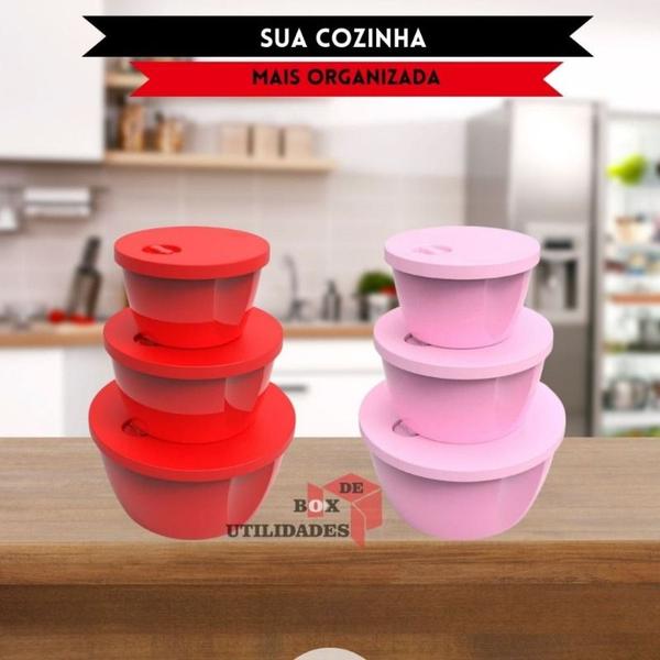 Imagem de Kit Conjunto 3 Potes Tampa Com 350ml / 650ml /1200ml Plástico Muito Resistente Organizador de Alimen