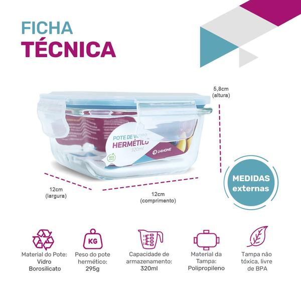 Imagem de Kit Conjunto 4 Potes Vidro Hermético Tampa Plástico Marmita Mantimentos 320ml