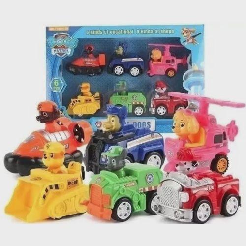 Imagem de Kit Conjunto 6 Carrinhos De Fricção Com Boneco - Patrulha Canina Infantil Crianças Presente Barato Desenho Cachorro