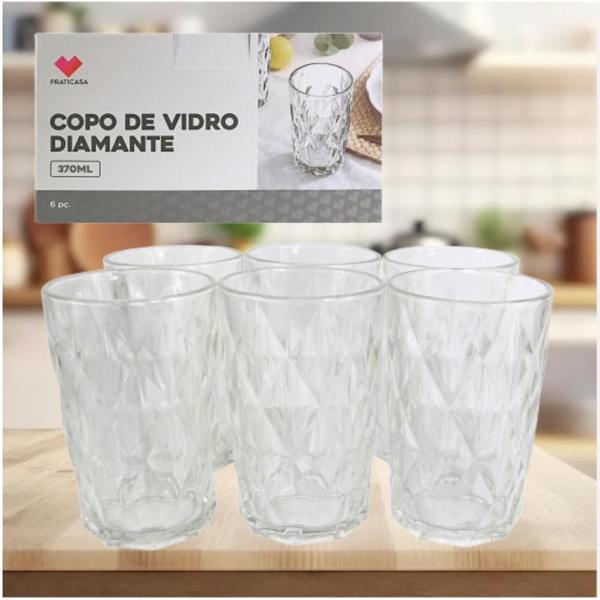 Imagem de kit Conjunto 6 Copos de Vidro 370ml - Bico de Jaca e Diamante