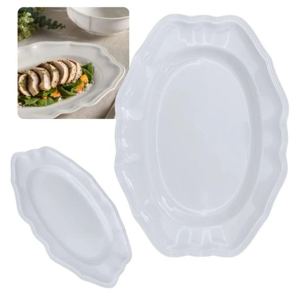 Imagem de Kit Conjunto 6 Pratos Fundos 22,5 Cm + 2 Travessas 36 Cm Rasas com Bordas Delicadas em Melamina / Plastico  Bestfer 