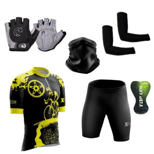 Imagem de Kit Conjunto Ciclismo Camisa C/ Proteção UV e Bermuda em Gel + Luvas Ciclismo + Manguito + Bandana