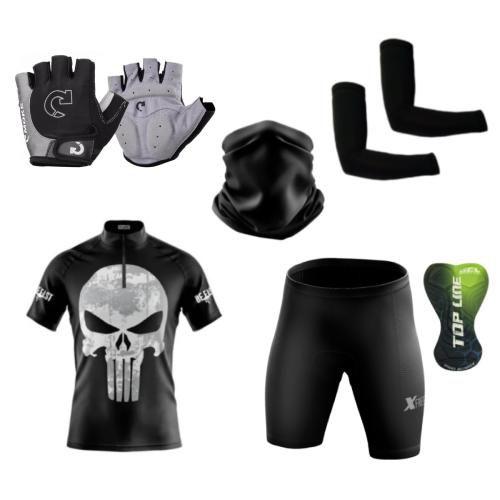 Imagem de Kit Conjunto Ciclismo Camisa Proteção UV e Bermuda em Gel + Luvas Ciclismo + Manguito + Bandana