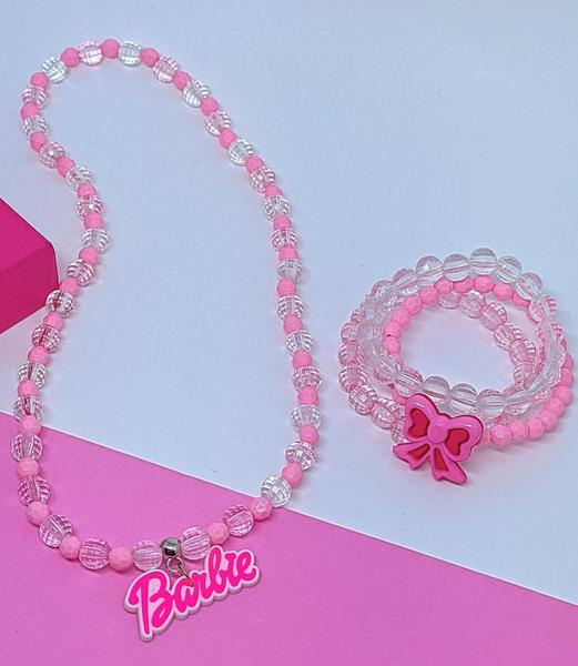 Imagem de Kit Conjunto Colar e Pulseiras Infantil Miçangas Coloridas Personagens Disney 3D Barbie Wandinha Unicórnio Meninas