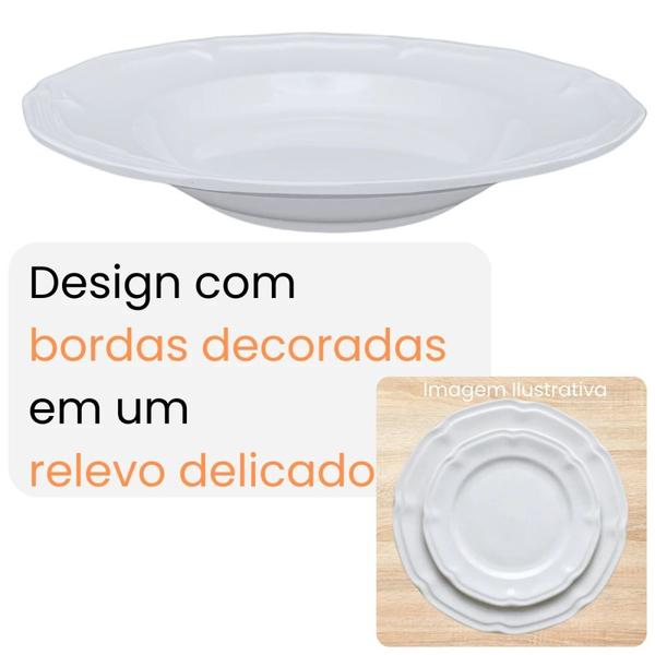 Imagem de Kit Conjunto de 12 Pratos Fundos Brancos 22,5 Cm Borda Decorada Delicada em Melamina / Plastico Premium  Bestfer 