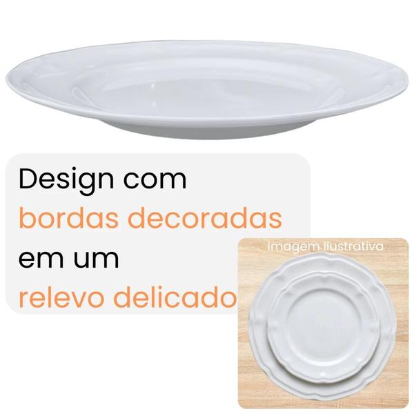 Imagem de Kit Conjunto de 12 Pratos Rasos Brancos 26,5 Cm Borda Decorada Delicada em Melamina / Plastico Premium  Bestfer 