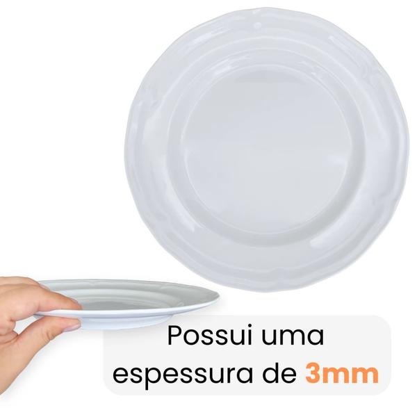 Imagem de Kit Conjunto de 12 Pratos Rasos Brancos 26,5 Cm Borda Decorada Delicada em Melamina / Plastico Premium  Bestfer 