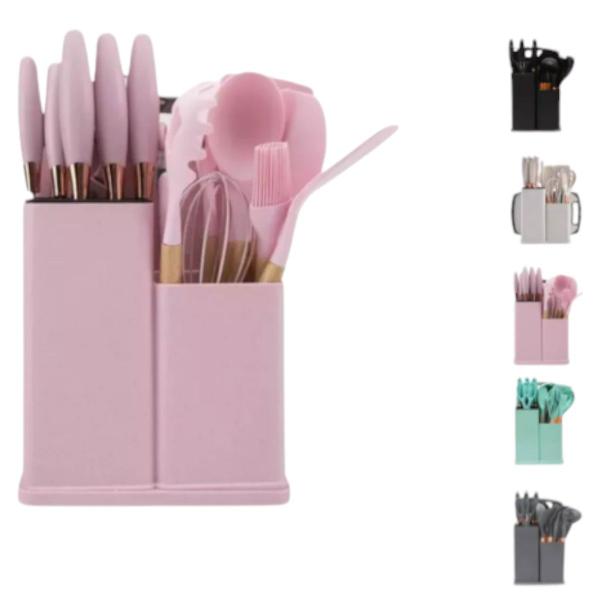 Imagem de Kit Conjunto De 19 Peças Utensílios Cozinha Silicone Tabua VERDE/ROSA/PRETO/BRANCO