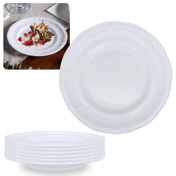 Imagem de Kit Conjunto de 6 Pratos de Sobremesa Brancos 17 Cm Borda Decorada Delicada em Melamina / Plastico Premium  Bestfer 