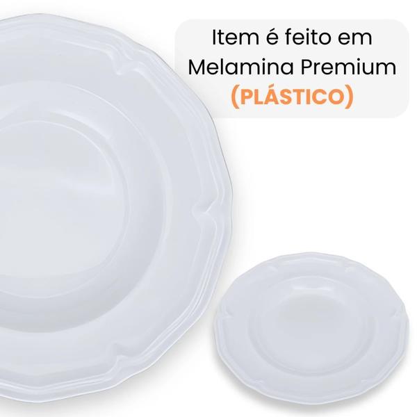 Imagem de Kit Conjunto de 6 Pratos Fundos Branco 22,5 Cm Borda Decorada Delicada em Melamina / Plastico Premium  Bestfer 