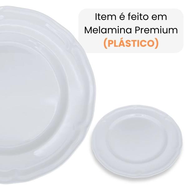 Imagem de Kit Conjunto de 6 Pratos Rasos Brancos 26,5 Cm Borda Decorada Delicada em Melamina / Plastico Premium  Bestfer 