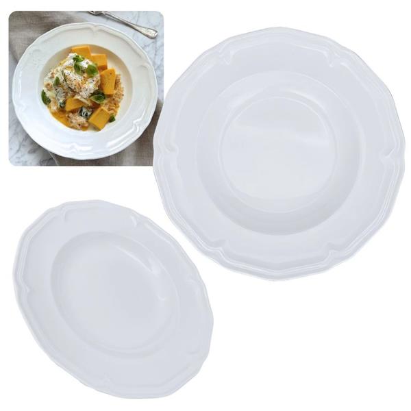 Imagem de Kit Conjunto de 8 Pratos Fundos Brancos 22,5 Cm Borda Decorada Delicada em Melamina / Plastico Premium  Bestfer 