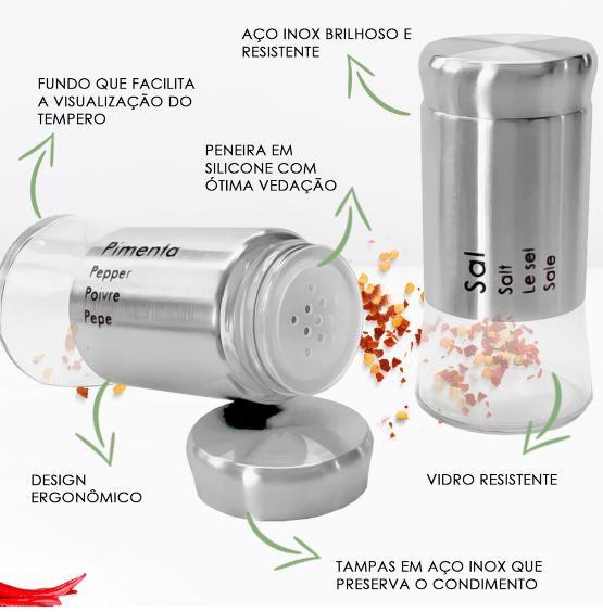 Imagem de Kit Conjunto de Saleiro Pimenta em 2 Peças Em Aço Inox E Vidro Premium Dispenser