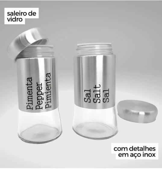 Imagem de Kit Conjunto de Saleiro Pimenta em 2 Peças Em Aço Inox E Vidro Premium Dispenser