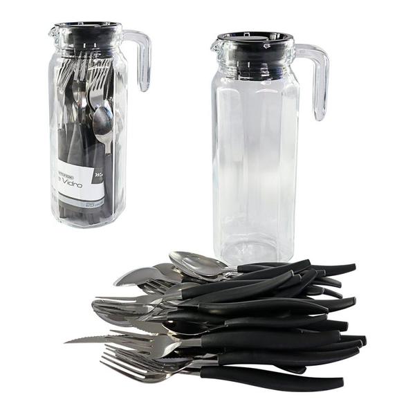 Imagem de Kit Conjunto de Talheres Inox 24 Peças + Jarra 1L Vidro c/ Utensílios Garfos Facas Colheres p/ Cozinha Geladeira Almoço Suco Água