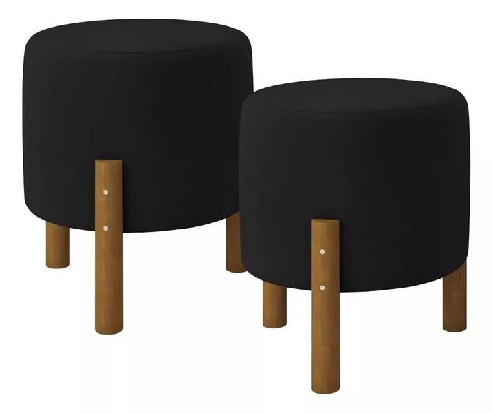 Imagem de Kit Conjunto Decoração 2 Puff Suede Preto Pés Em Madeira