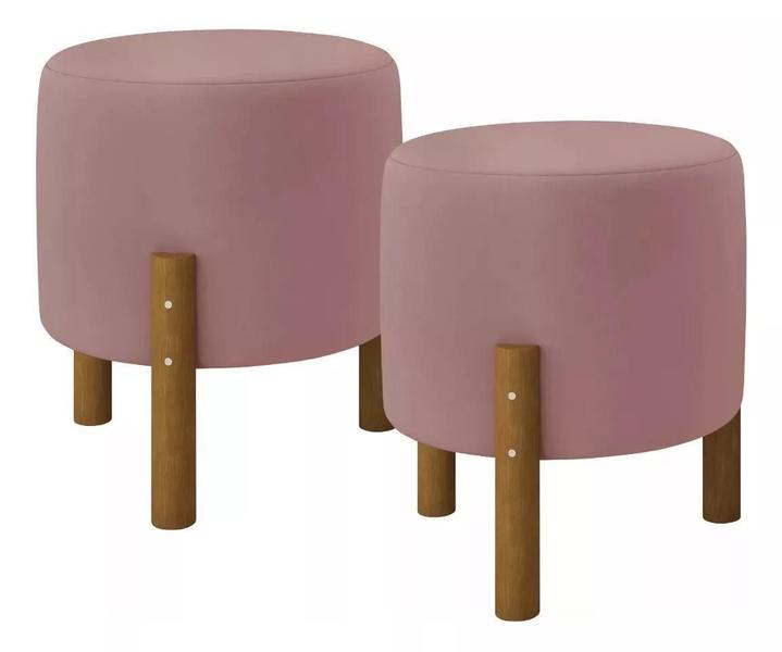 Imagem de Kit Conjunto Decoração 2 Puff Suede Rose Pés Em Madeira