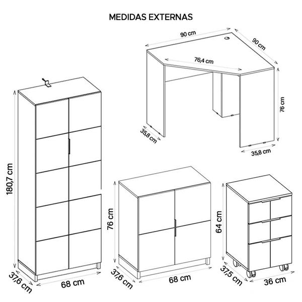 Imagem de Kit Conjunto Escritório 5 Peças Cubic Branco Caemmun