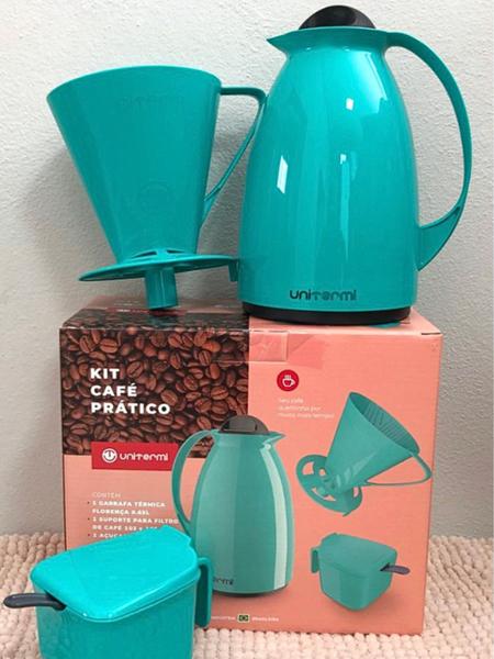 Imagem de Kit Conjunto Garrafa Térmica de Café 650ml Florença Verde c/ Bico Anti Gotas e Alça + Açucareiro 350ml c/ Colher + Suporte p/ Filtro Coador