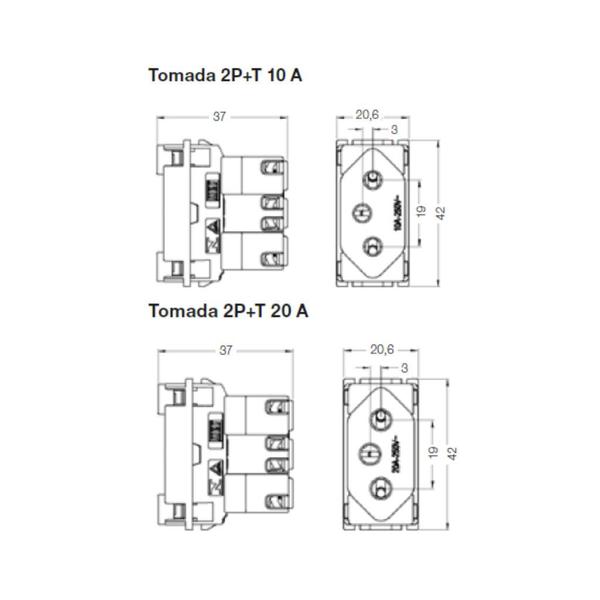 Imagem de Kit Conjunto Interruptor 4x2  1 Tecla Simples 10A + 1 Tomada 20A 250V