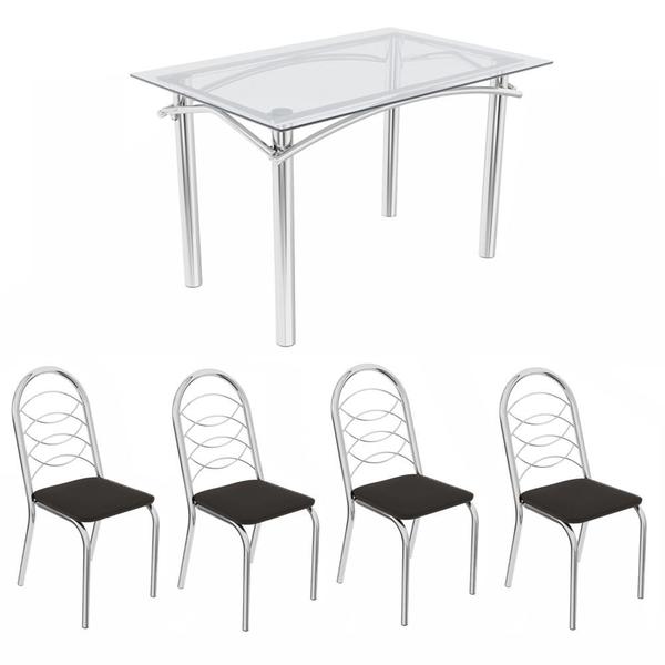 Imagem de Kit Conjunto Mesa 4 Cadeiras 120 x 80 cm Sala de Jantar Cozinha Vidro Metal Cromado Preto