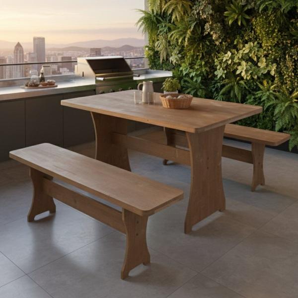 Kit Conjunto Mesa Rústica com 2 Bancos França 1,20m Rústico - DkadiDecor Kit Conjunto Mesa Rústica com 2 Bancos França 1,20m Rústico - DkadiDecor