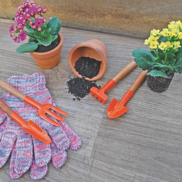 Imagem de Kit Conjunto Mini Jardinagem 4 Peças Cabo Madeira + Luva