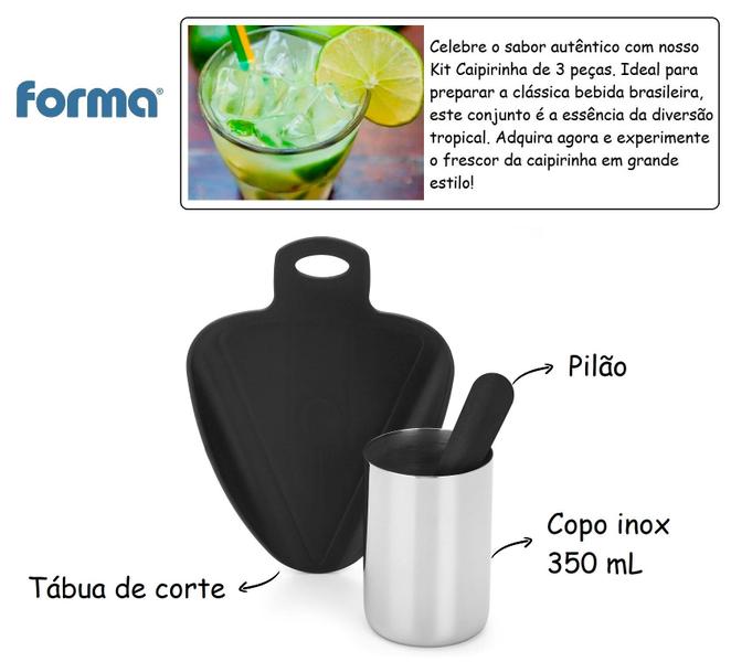 Imagem de Kit Conjunto Preparo De Drinks Caipira Caipirinha 3 Peças Copo Inox 350ml Tábua De Corte Pilão Ideal Para Presente