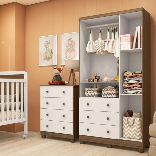 Imagem de Kit Conjunto Quarto Bebê Guarda Roupa Infantil 3 Portas Gaveteiro 4 Gavetas MDF Branco e Marrom