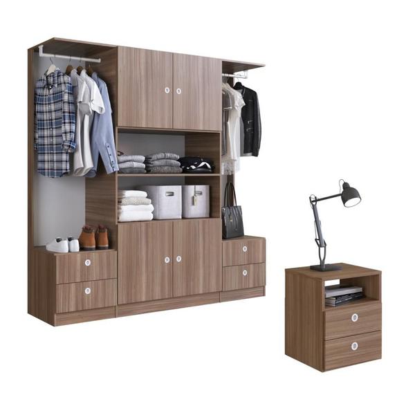 Imagem de Kit Conjunto Quarto Cama Queen Box 4 Portas Mesas Cabeceira 2 Gavetas Guarda Roupa Marrom Madeira