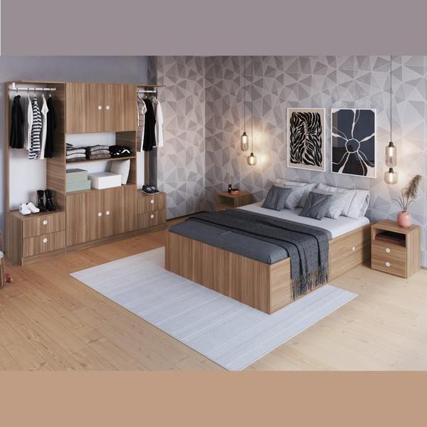 Imagem de Kit Conjunto Quarto Cama Queen Box 4 Portas Mesas Cabeceira 2 Gavetas Guarda Roupa Marrom Madeira