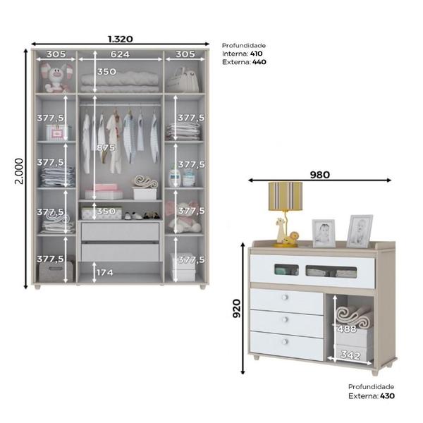 Imagem de Kit Conjunto Quarto Infantil Guarda Roupa Roupeiro Organizador Cômoda Multiuso MDF Branco Marrom