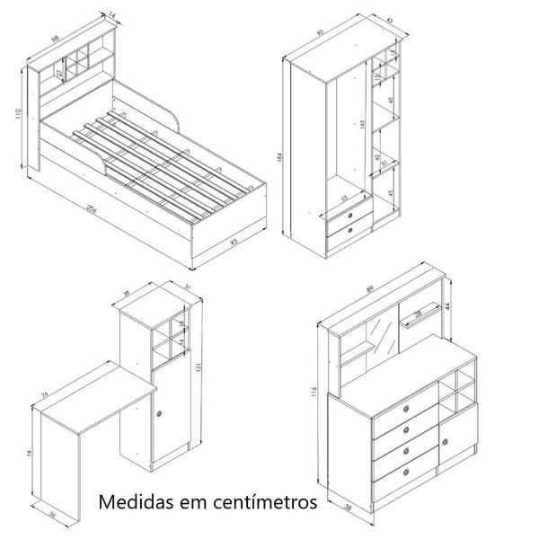 Imagem de Kit Conjunto Quarto Infanto Juvenil Cama Espelho Guarda Roupa Cômoda Gaveteiro Escrivaninha Branco