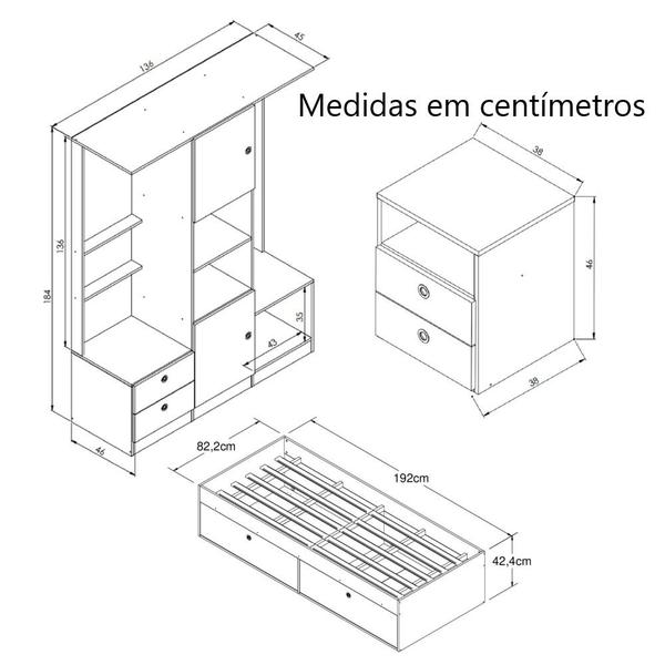 Imagem de Kit Conjunto Quarto Juvenil Cama 80 Solteiro 4 Portas Mesa de Cabeceira Guarda Roupa Espelho Branco