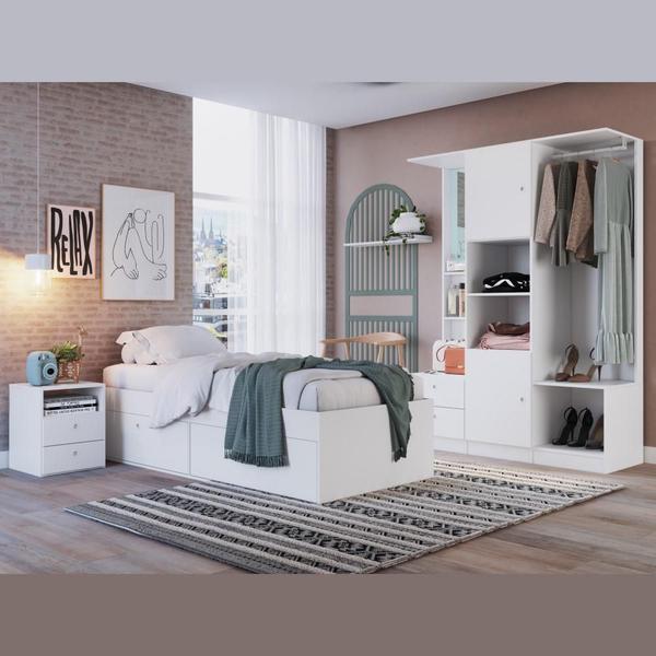 Imagem de Kit Conjunto Quarto Juvenil Cama 80 Solteiro 4 Portas Mesa de Cabeceira Guarda Roupa Espelho Branco