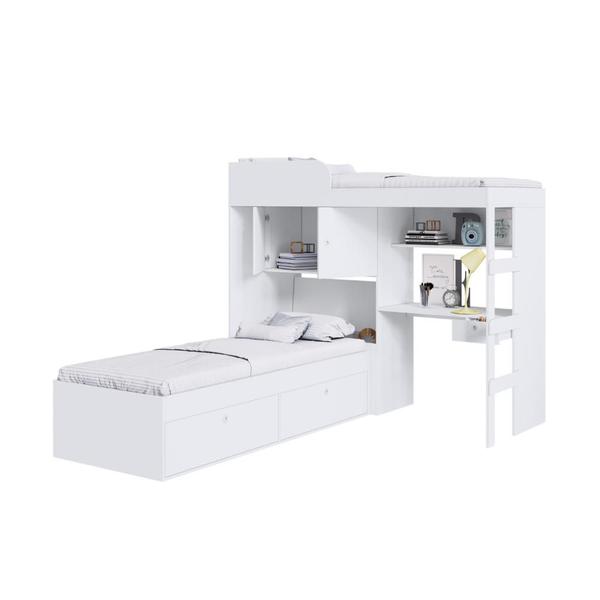 Imagem de Kit Conjunto Quarto Juvenil Infantil 2 Camas Armário Gavetas Escrivaninha Escada Cama Alta Branco