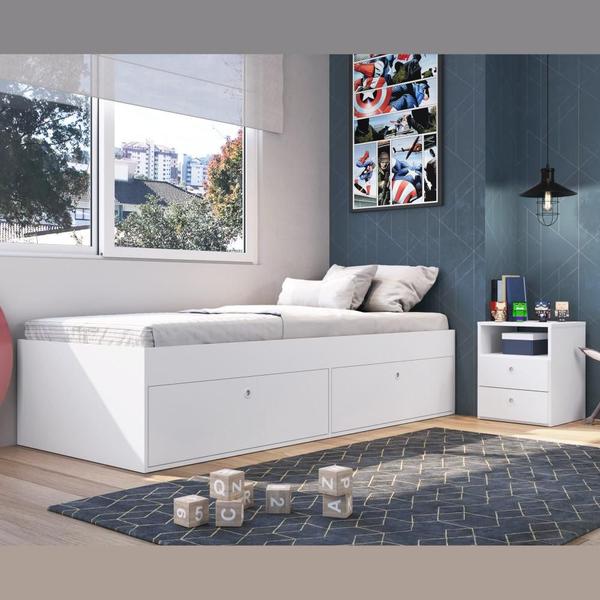 Imagem de Kit Conjunto Quarto Juvenil Infantil Solteiro Cama E Mesa De Cabeceira Cômoda Multiuso Tokio Branco