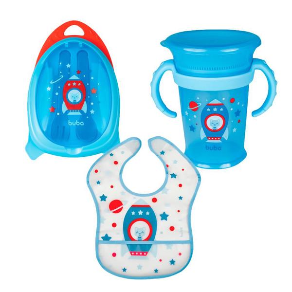 Imagem de Kit conjunto refeição infantil introdução alimentar bebe papinha com talher copinho e babador foguete buba