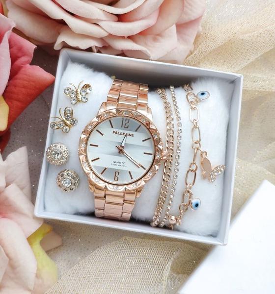 Imagem de kit Conjunto Relógio Feminino Pallyjane Prova água Aço Inox Pedras Zircônias com Pulseira Brincos Dourado/Rose Gold