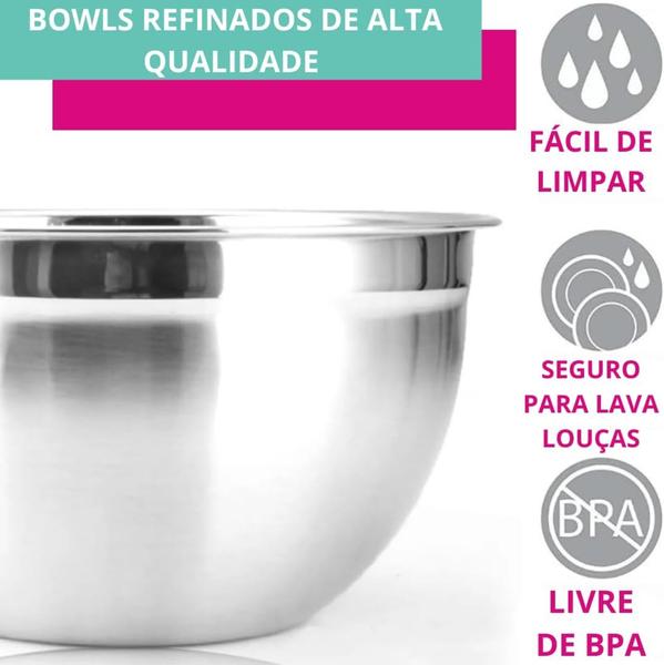 Imagem de Kit Conjunto Tigelas Cumbuca Bowl Aço Inox Resistentes Duráveis 3 Peças Vários Tamanhos P, M, G