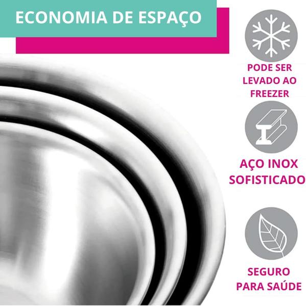 Imagem de Kit Conjunto Tigelas Cumbuca Bowl Aço Inox Resistentes Duráveis 3 Peças Vários Tamanhos P, M, G