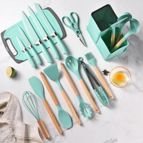 Imagem de Kit Conjunto Utensílios Silicone Facas Tabua De Cortar 19 Peças Cozinha