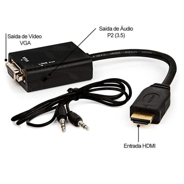 Kit Conversor Hdmi Para Vga Com Áudio + Cabo Vga 2 Metros - Cirilo Cabos Imagem de Kit Conversor Hdmi Para Vga Com Áudio + Cabo Vga 2 Metros