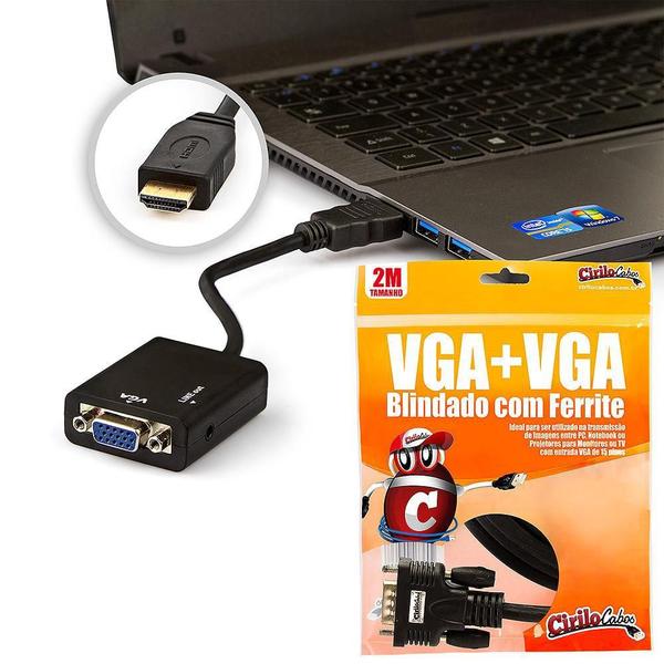 Imagem de Kit Conversor Hdmi Para Vga Com Áudio + Cabo Vga 2 Metros