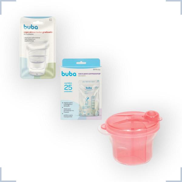 Imagem de Kit copo alimentador graduado bebe, saco armazenar leite e pote para leite buba